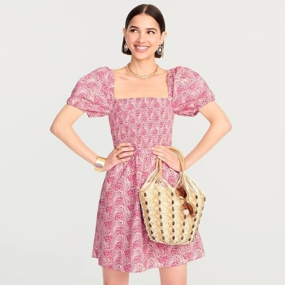 J. Crew Pink Floral Smocked Square Neckline Puff Sleeve Flowy Poplin Mini Dress